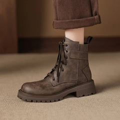 Women's leather cowhide round toe retro mid heel handmade plus