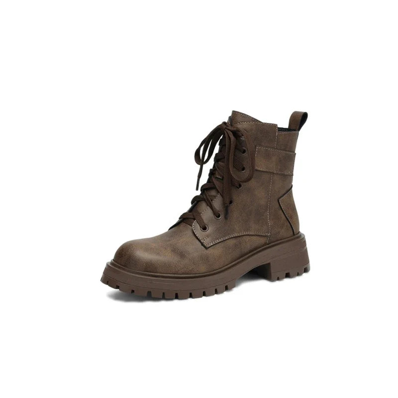 Women's leather cowhide round toe retro mid heel handmade plus
