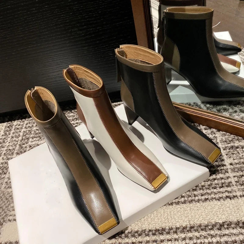 Women's leather cowhide square toe metal toe calf zipper high heel color blocked western short Boots