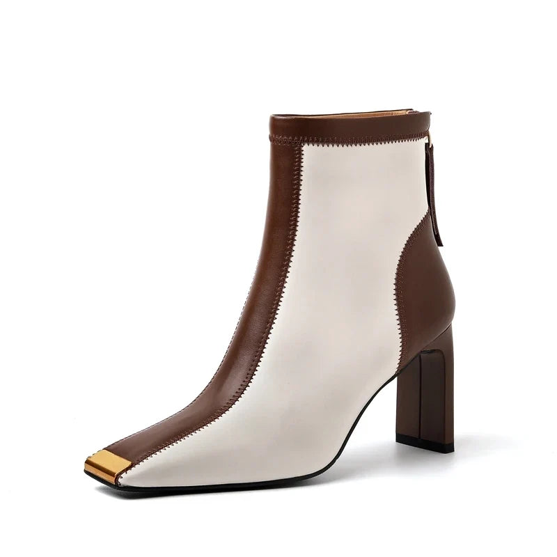 Women's leather cowhide square toe metal toe calf zipper high heel color blocked western short Boots