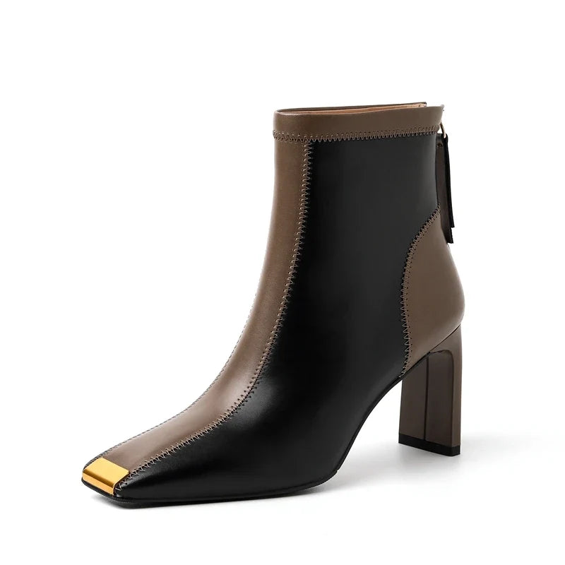 Women's leather cowhide square toe metal toe calf zipper high heel color blocked western short Boots