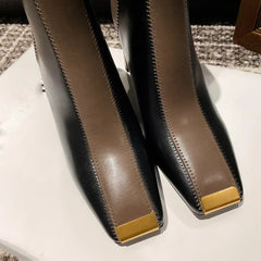 Women's leather cowhide square toe metal toe calf zipper high heel color blocked western short Boots