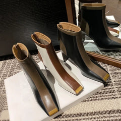 Women's leather cowhide square toe metal toe calf zipper high heel color blocked western short Boots