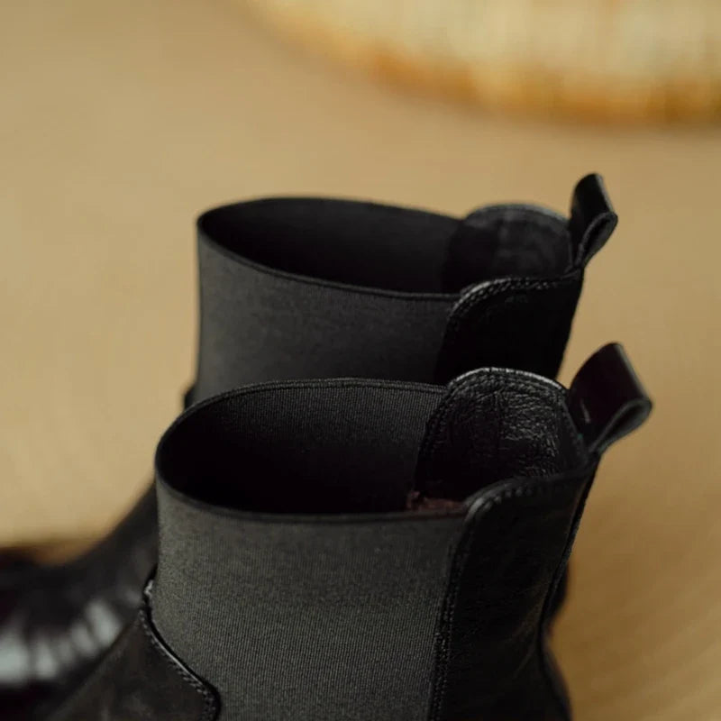 Women's leather cowhide thick heel high-heeled oversized retro elastic tube mouth and calf short boots
