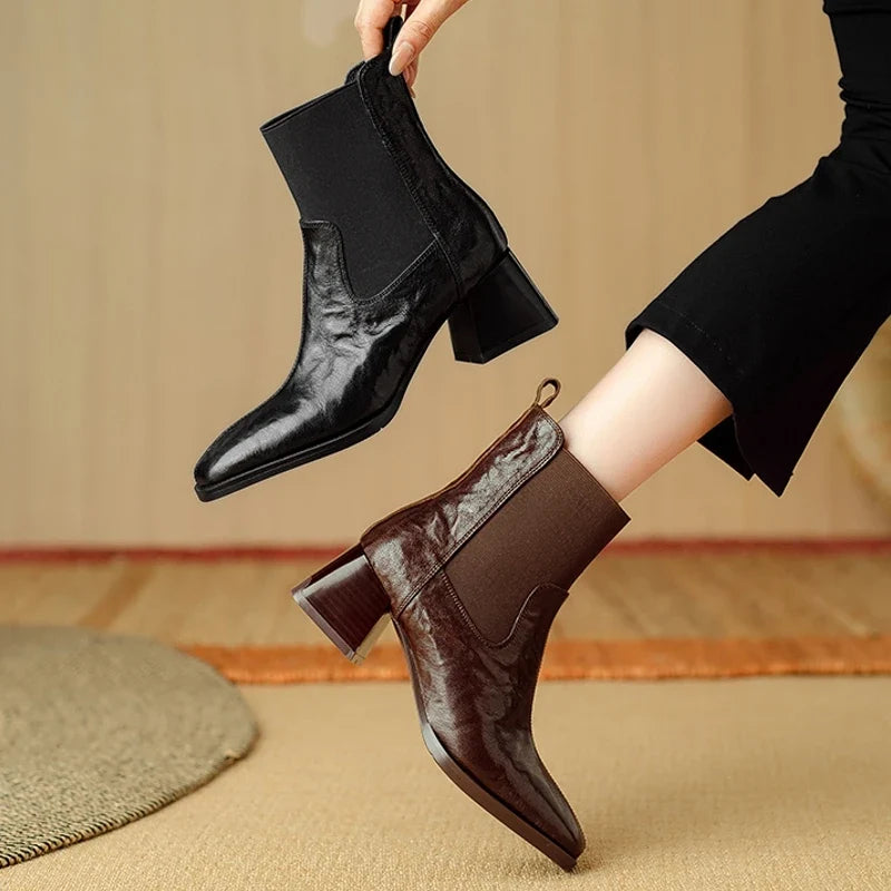 Women's leather cowhide thick heel high-heeled oversized retro elastic tube mouth and calf short boots