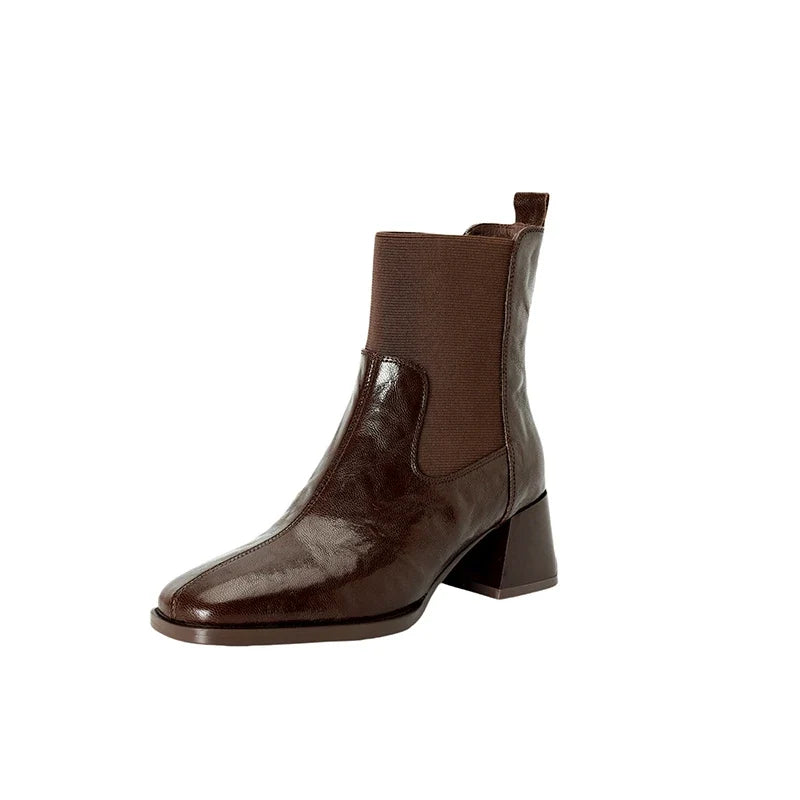 Women's leather cowhide thick heel high-heeled oversized retro elastic tube mouth and calf short boots