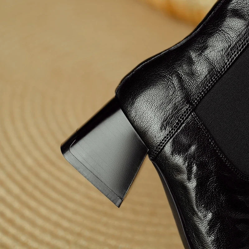 Women's leather cowhide thick heel high-heeled oversized retro elastic tube mouth and calf short boots