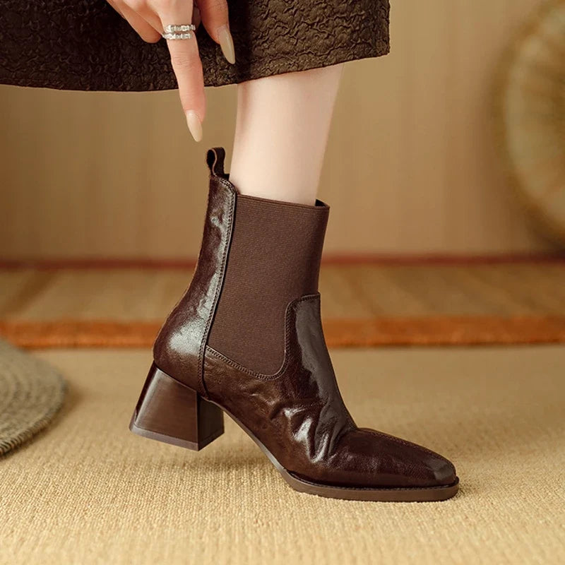 Women's leather cowhide thick heel high-heeled oversized retro elastic tube mouth and calf short boots