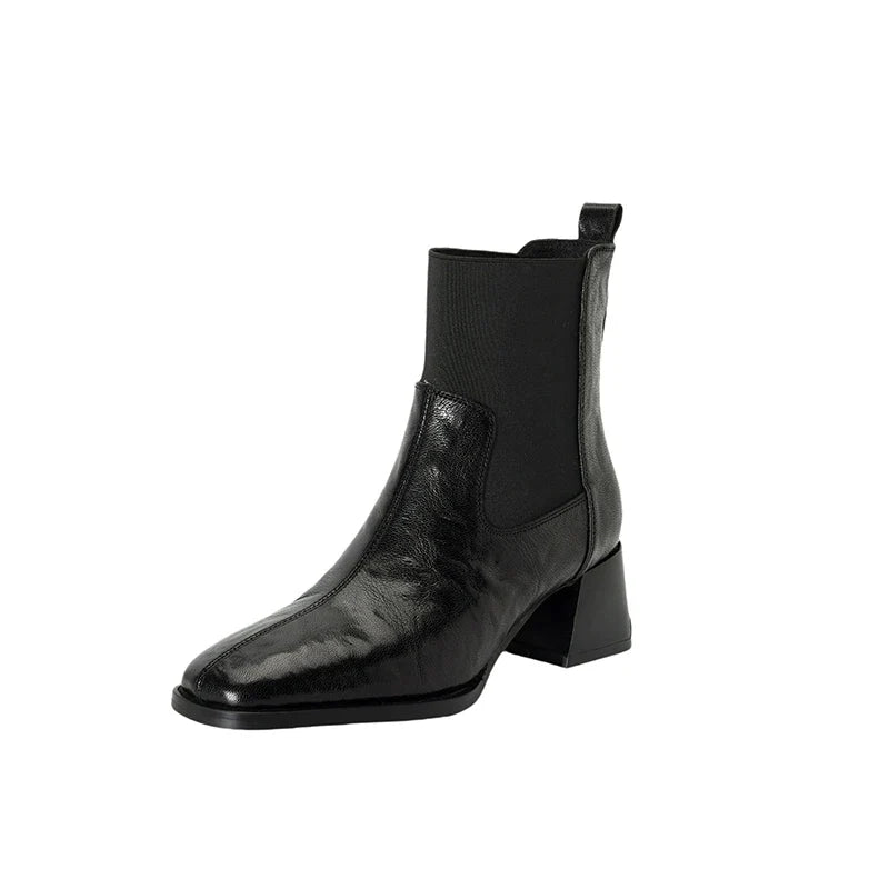 Women's leather cowhide thick heel high-heeled oversized retro elastic tube mouth and calf short boots