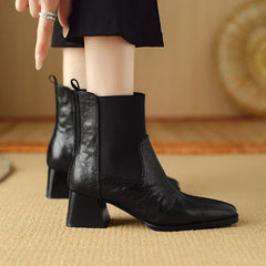 Women's leather cowhide thick heel high-heeled oversized retro elastic tube mouth and calf short boots