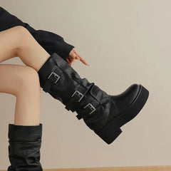 Women's leather cowhide thick soled metal belt buckle and calf high-heeled mid leg motorcycle Boots
