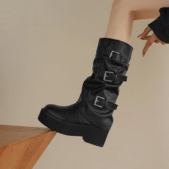 Women's leather cowhide thick soled metal belt buckle and calf high-heeled mid leg motorcycle Boots