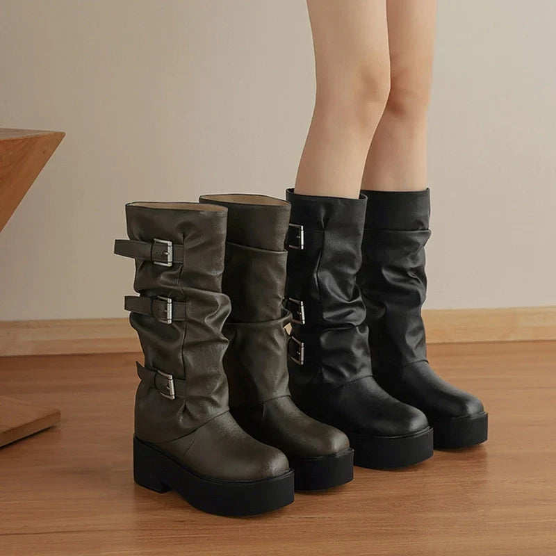 Women's leather cowhide thick soled metal belt buckle and calf high-heeled mid leg motorcycle Boots