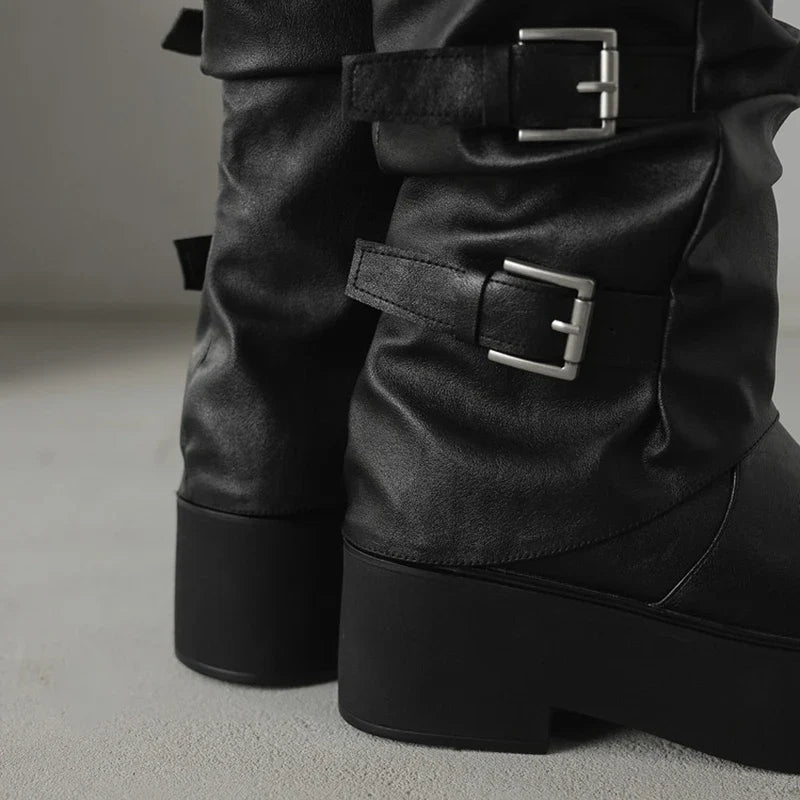 Women's leather cowhide thick soled metal belt buckle and calf high-heeled mid leg motorcycle Boots