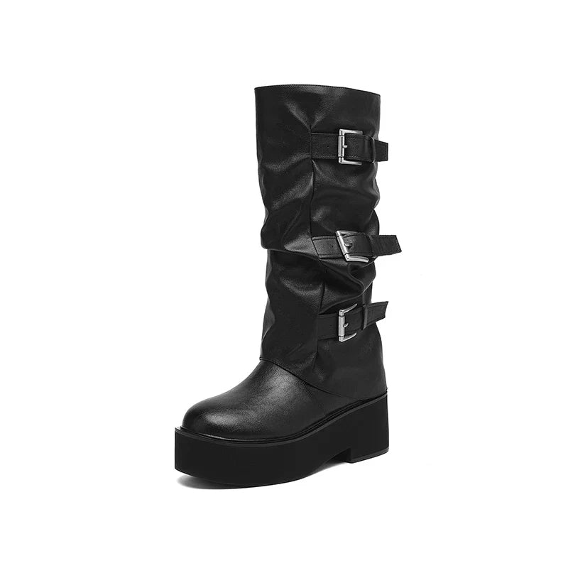 Women's leather cowhide thick soled metal belt buckle and calf high-heeled mid leg motorcycle Boots