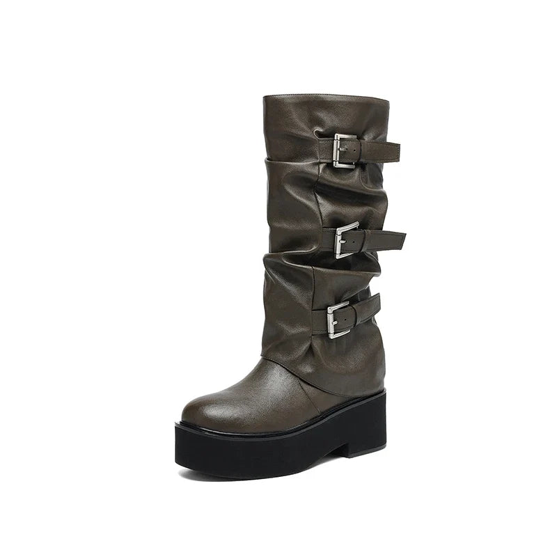 Women's leather cowhide thick soled metal belt buckle and calf high-heeled mid leg motorcycle Boots