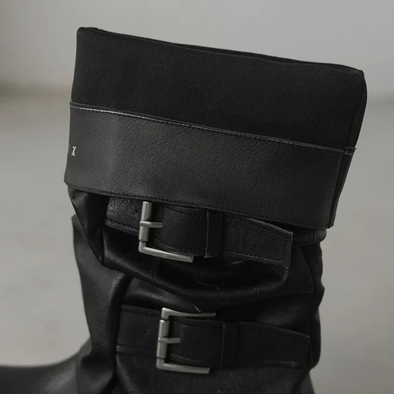 Women's leather cowhide thick soled metal belt buckle and calf high-heeled mid leg motorcycle Boots
