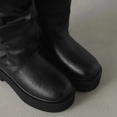 Women's leather cowhide thick soled metal belt buckle and calf high-heeled mid leg motorcycle Boots