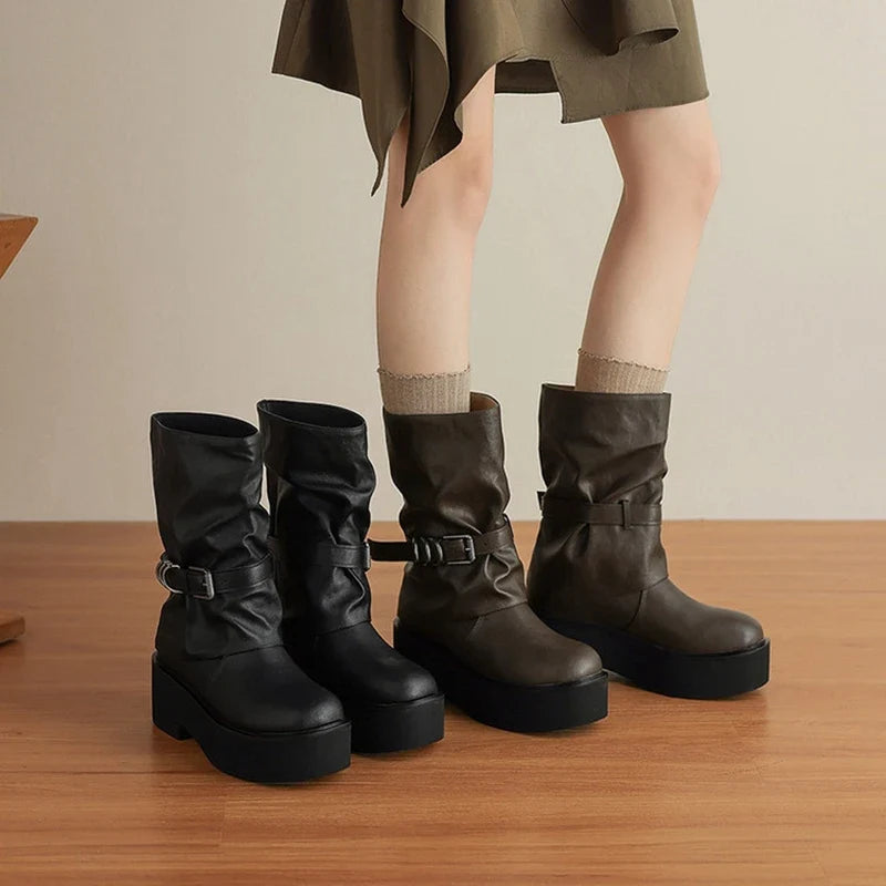 Women's leather cowhide thick soled metal belt buckle and calf high-heeled motorcycle Boots