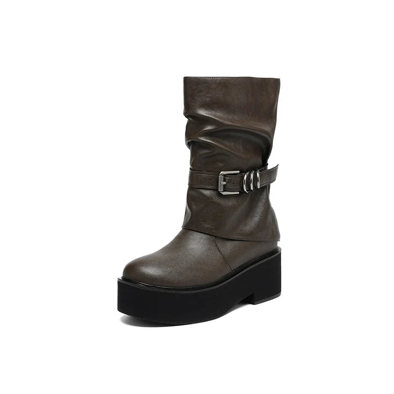 Women's leather cowhide thick soled metal belt buckle and calf high-heeled motorcycle Boots