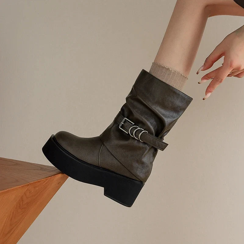 Women's leather cowhide thick soled metal belt buckle and calf high-heeled motorcycle Boots