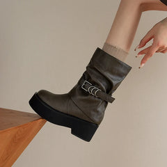 Women's leather cowhide thick soled metal belt buckle and calf high-heeled motorcycle Boots
