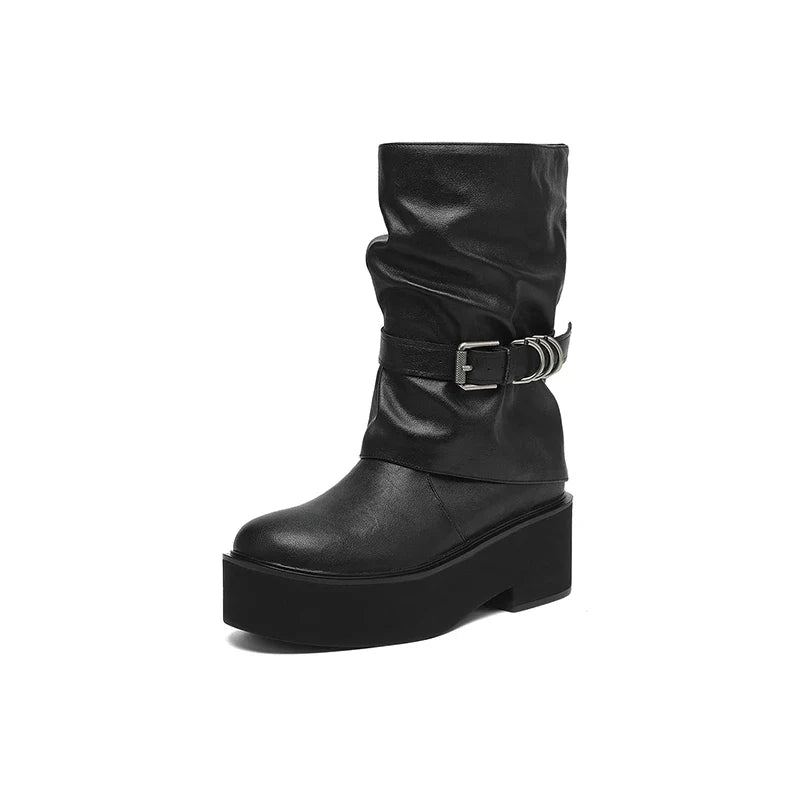 Women's leather cowhide thick soled metal belt buckle and calf high-heeled motorcycle Boots