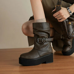 Women's leather cowhide thick soled metal belt buckle and calf high-heeled motorcycle Boots