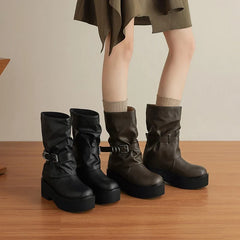 Women's leather cowhide thick soled metal belt buckle and calf high-heeled motorcycle Boots