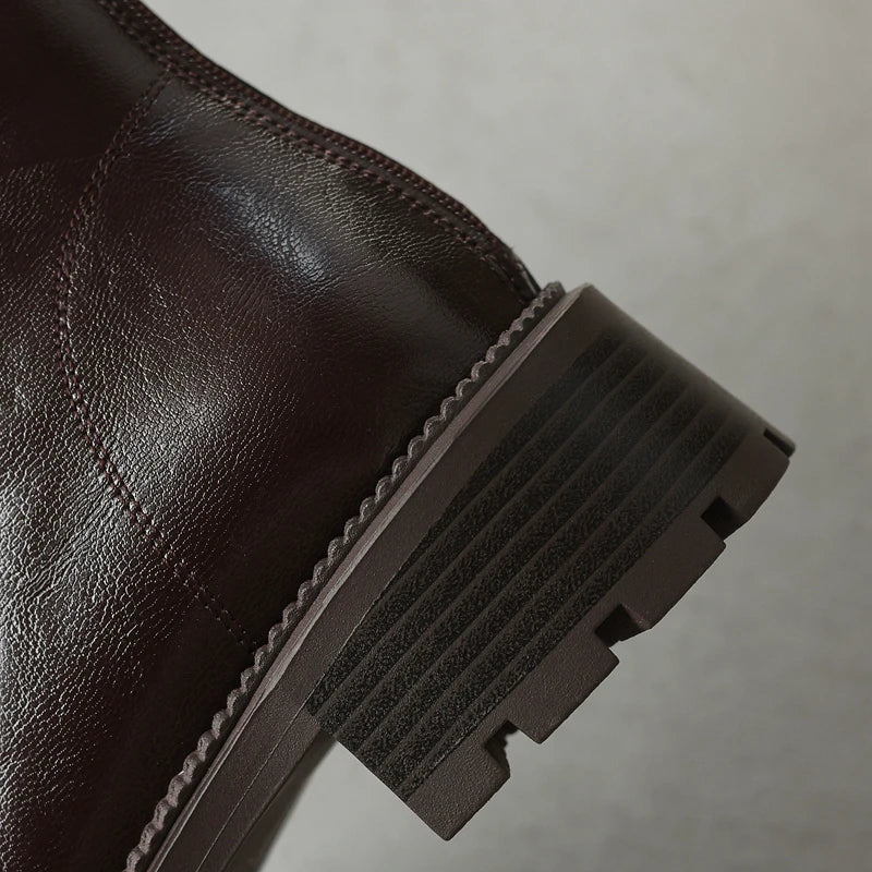 Women's leather cowhide winter mid heel zipper warm lamb wool thick sole retro Chelsea short Boots