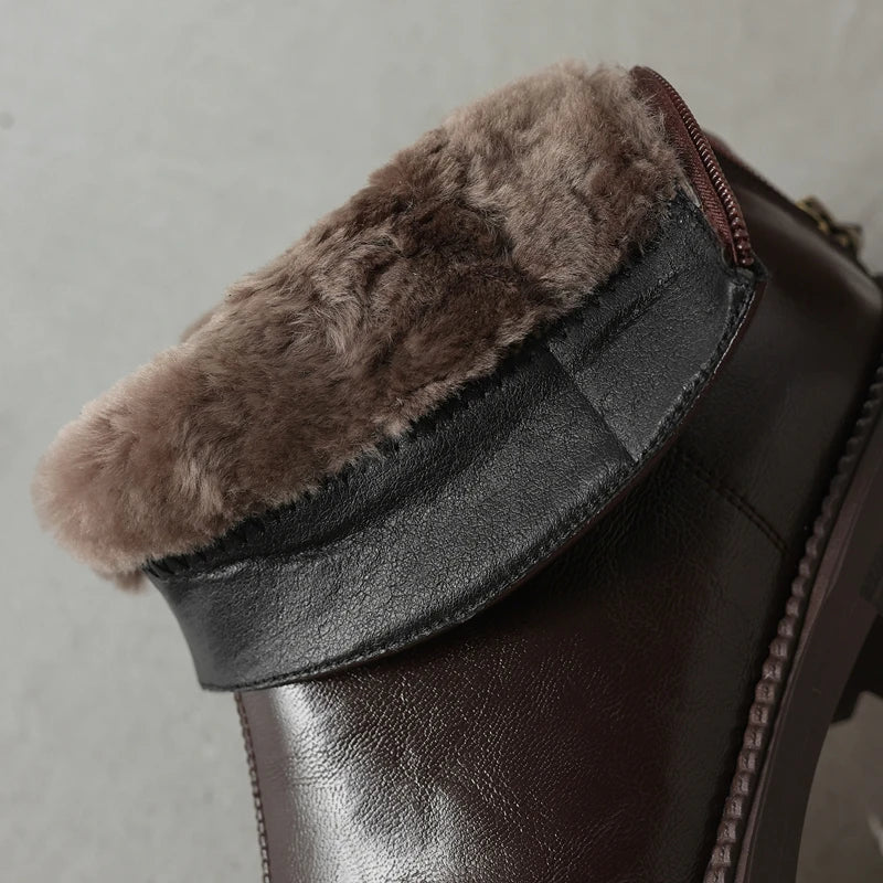 Women's leather cowhide winter mid heel zipper warm lamb wool thick sole retro Chelsea short Boots