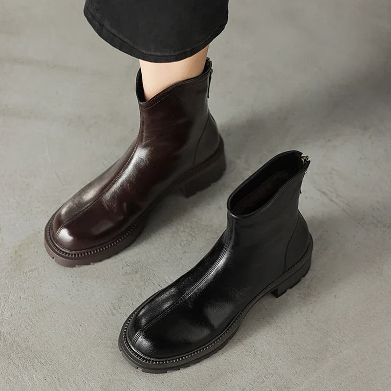 Women's leather cowhide winter mid heel zipper warm lamb wool thick sole retro Chelsea short Boots