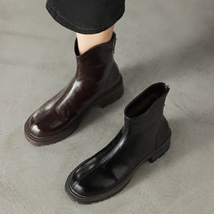 Women's leather cowhide winter mid heel zipper warm lamb wool thick sole retro Chelsea short Boots