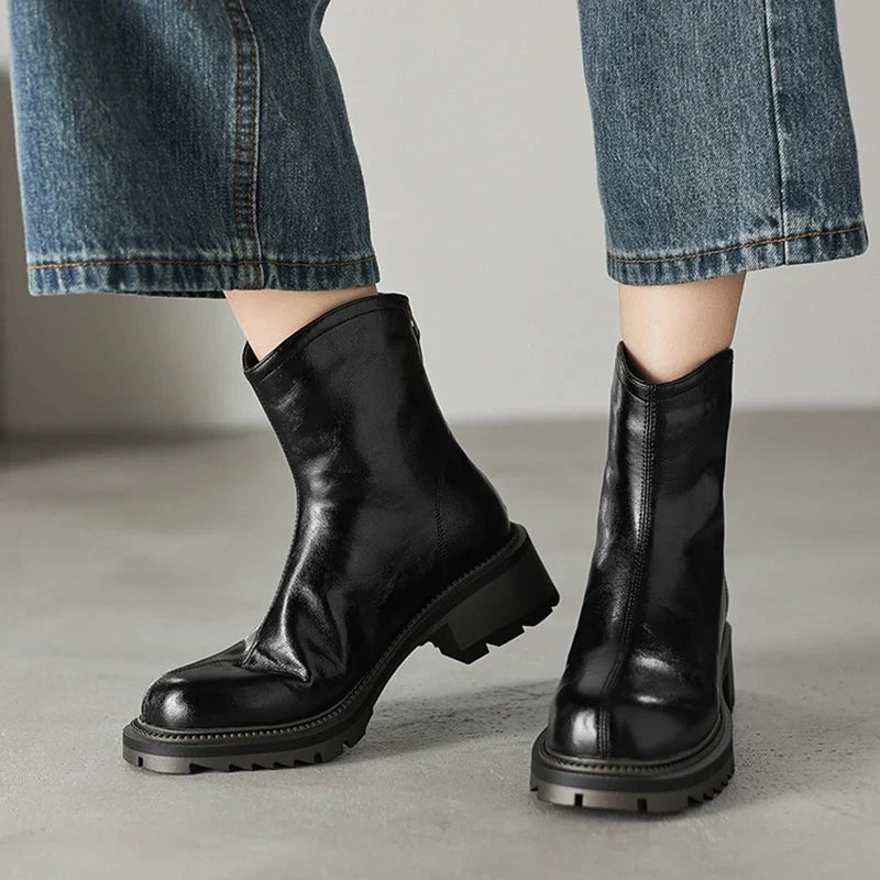 Women's leather cowhide winter mid heel zipper warm lamb wool thick sole retro Chelsea short Boots