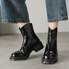 Women's leather cowhide winter mid heel zipper warm lamb wool thick sole retro Chelsea short Boots