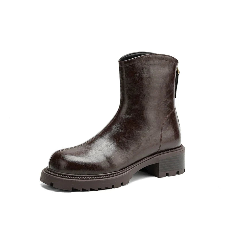 Women's leather cowhide winter mid heel zipper warm lamb wool thick sole retro Chelsea short Boots