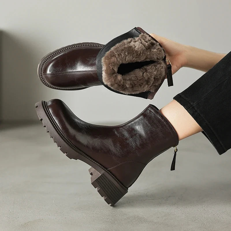 Women's leather cowhide winter mid heel zipper warm lamb wool thick sole retro Chelsea short Boots