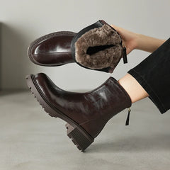 Women's leather cowhide winter mid heel zipper warm lamb wool thick sole retro Chelsea short Boots