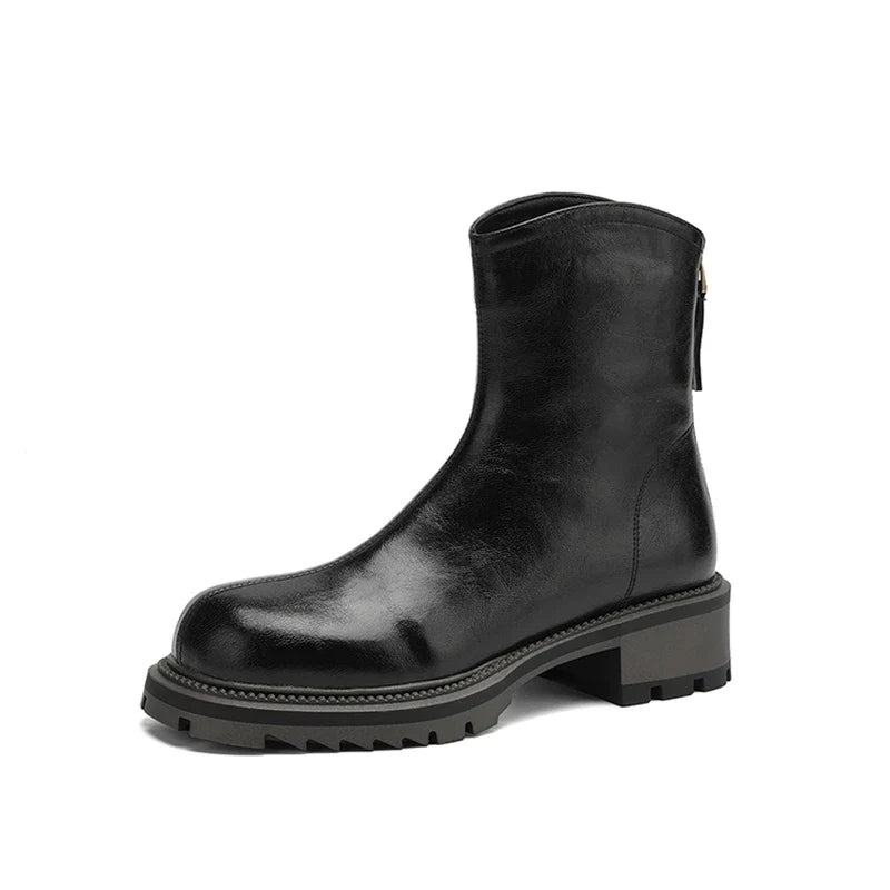 Women's leather cowhide winter mid heel zipper warm lamb wool thick sole retro Chelsea short Boots