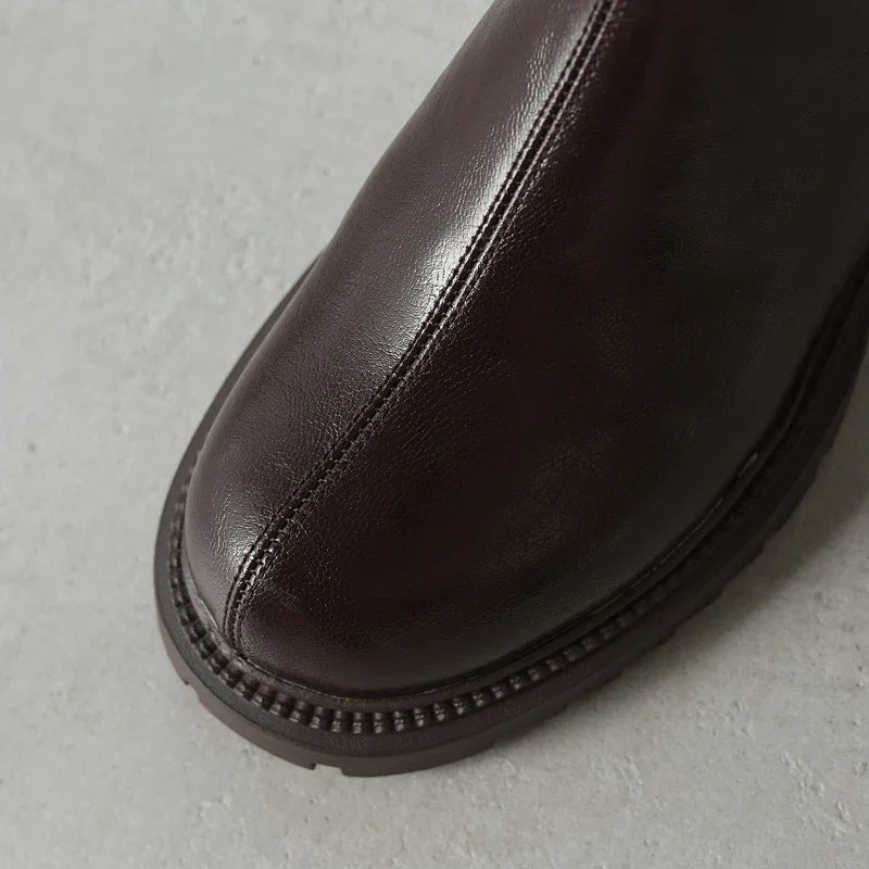Women's leather cowhide winter mid heel zipper warm lamb wool thick sole retro Chelsea short Boots