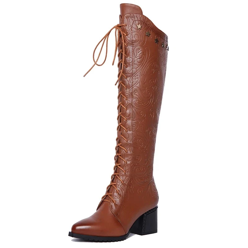 Women's leather embossed pattern cowhide high-heeled high heels with large straps and knee rivets