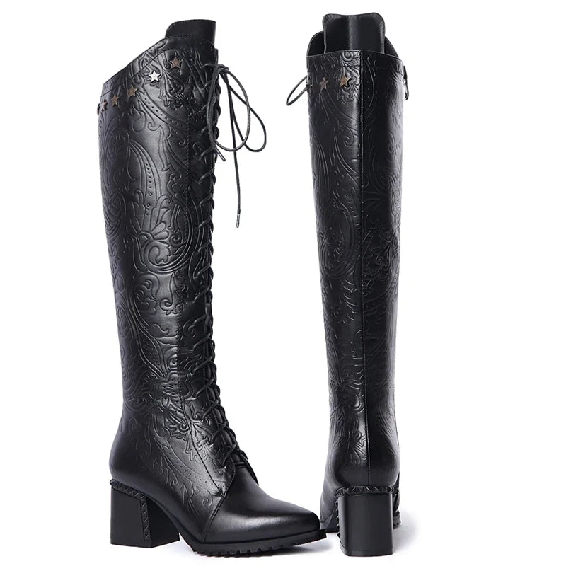 Women's leather embossed pattern cowhide high-heeled high heels with large straps and knee rivets