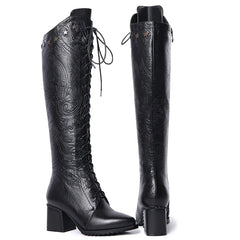 Women's leather embossed pattern cowhide high-heeled high heels with large straps and knee rivets
