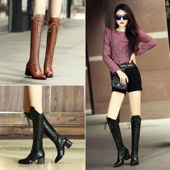 Women's leather embossed pattern cowhide high-heeled high heels with large straps and knee rivets