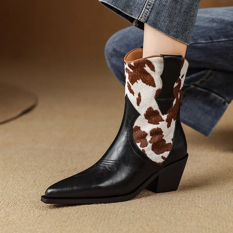 Women's leather embroidered cowhide leopard print horsehair high heels color blocked Chelsea short Boots