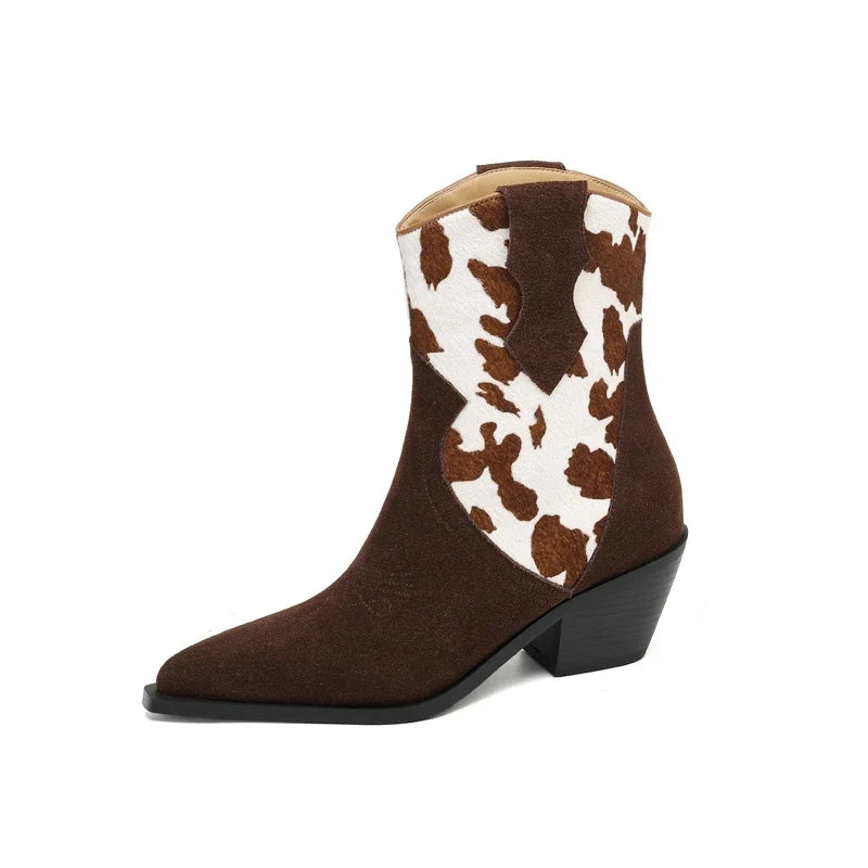 Women's leather embroidered cowhide leopard print horsehair high heels color blocked Chelsea short Boots