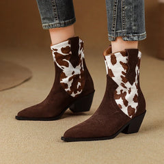 Women's leather embroidered cowhide leopard print horsehair high heels color blocked Chelsea short Boots