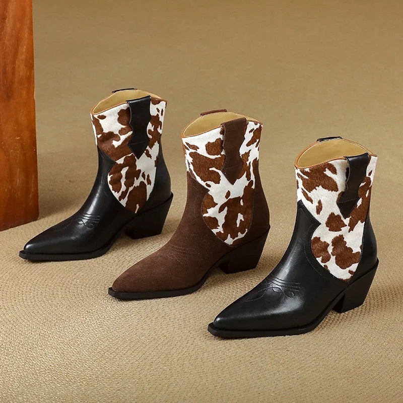 Women's leather embroidered cowhide leopard print horsehair high heels color blocked Chelsea short Boots