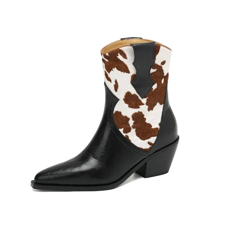 Women's leather embroidered cowhide leopard print horsehair high heels color blocked Chelsea short Boots