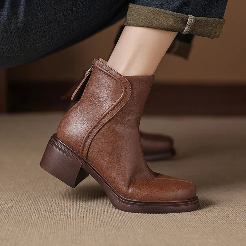 Women's leather handmade cowhide round head zipper high heel plus